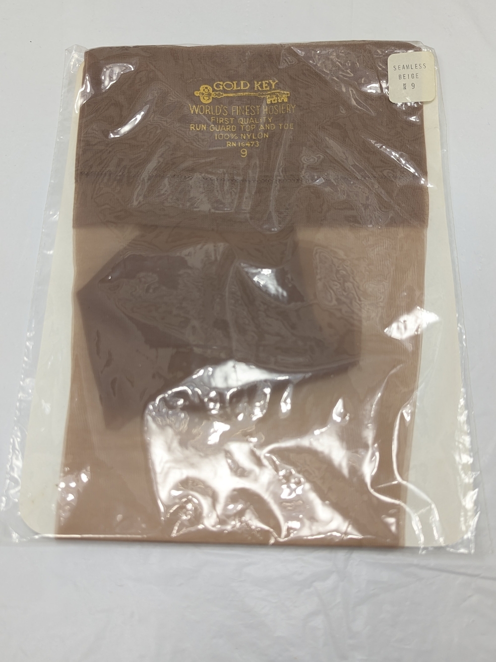 Vintage Gold Key Seamless Beige Hosiery Size 9